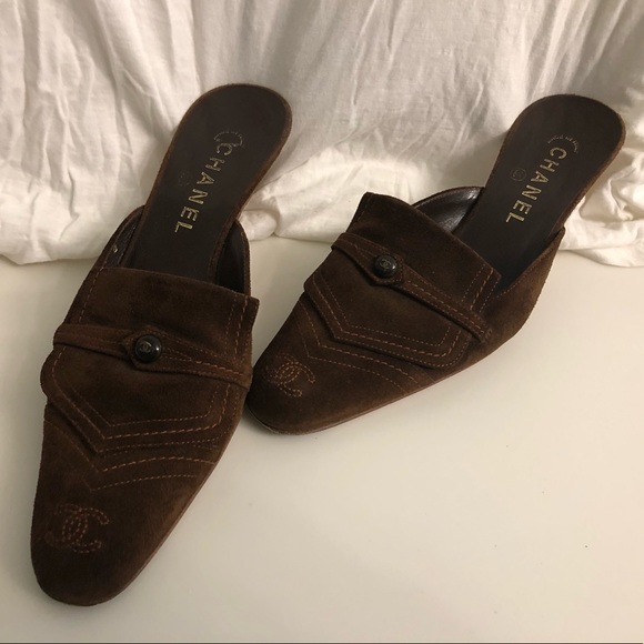 CHANEL Dark Brown Suede Mules with Button Accent - Picture 1 of 5